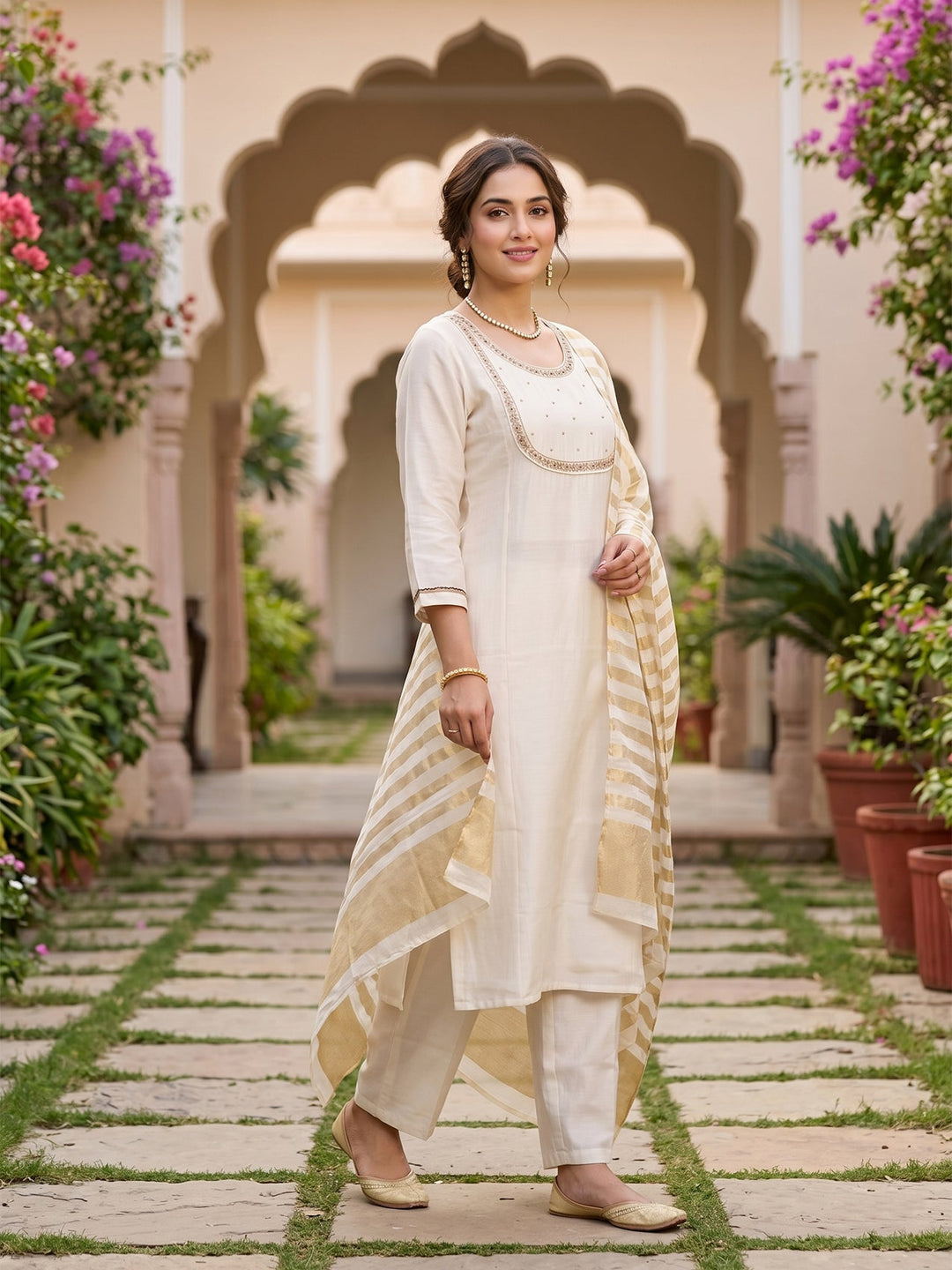 Off White Cording Art Silk Readymade Salwar Suit