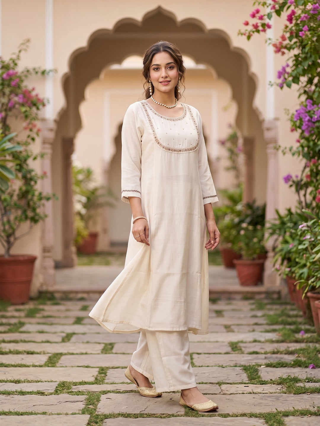 Off White Cording Art Silk Readymade Salwar Suit