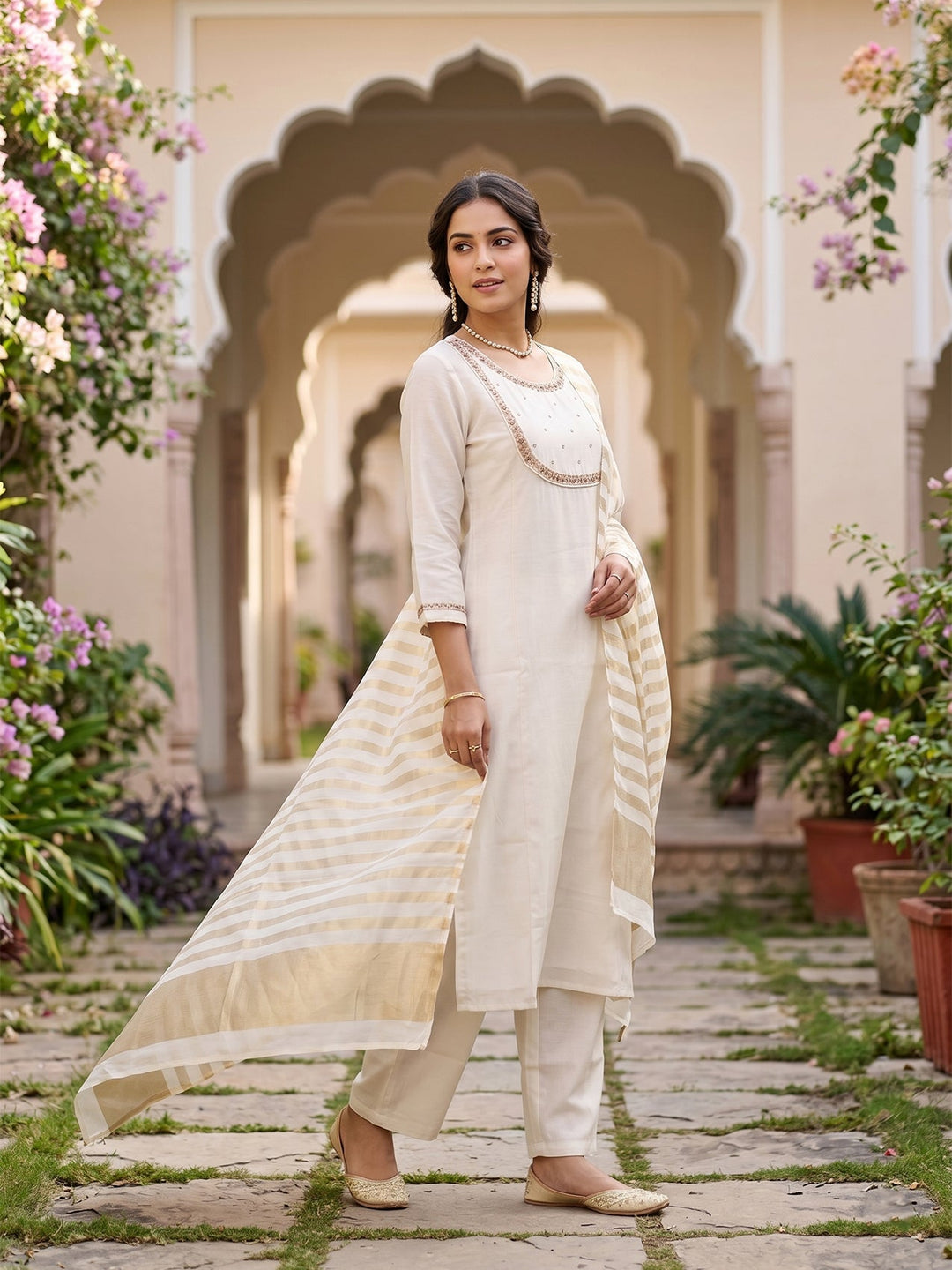 Off White Cording Art Silk Readymade Salwar Suit