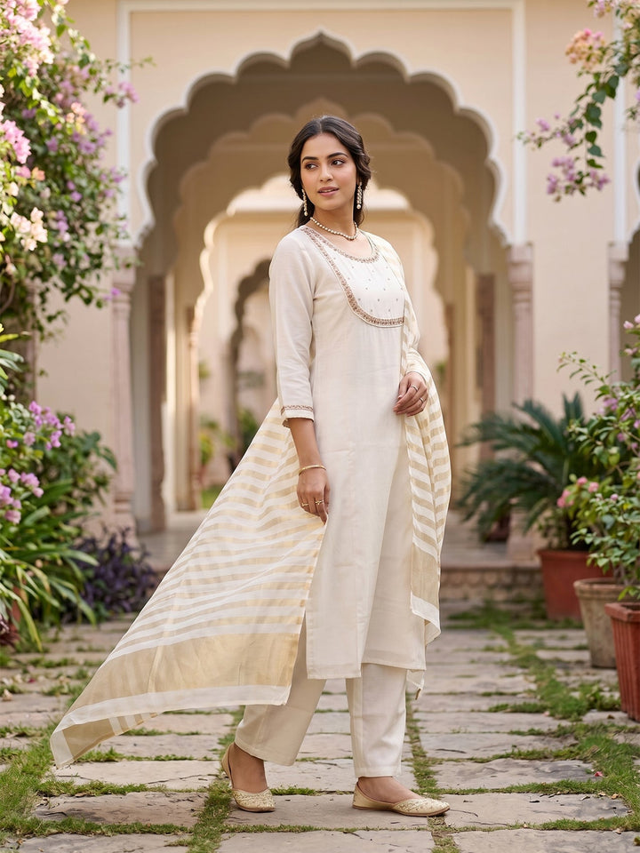 Off White Cording Art Silk Readymade Salwar Suit