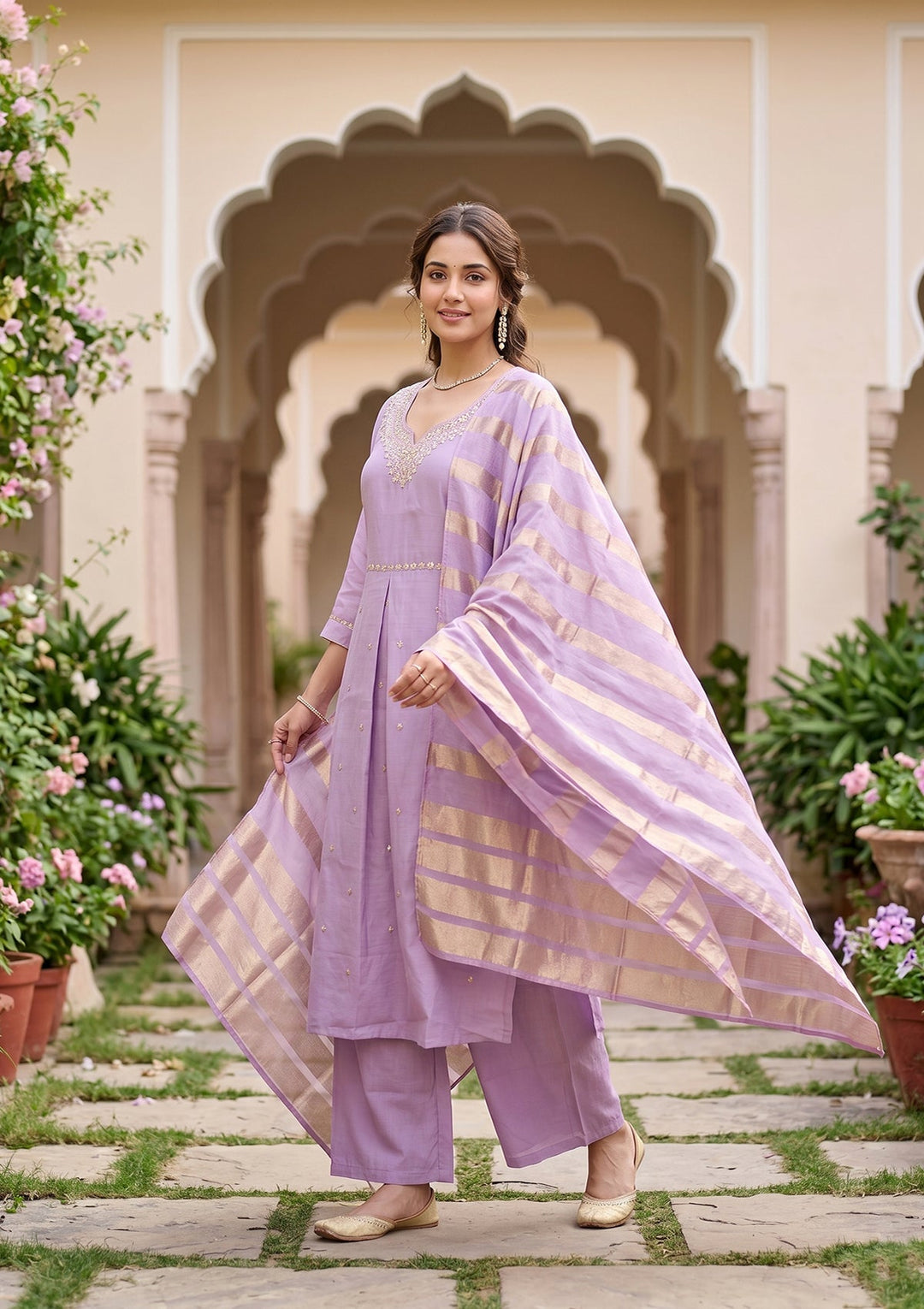 Lavender Cording Art Silk Readymade Salwar Suit