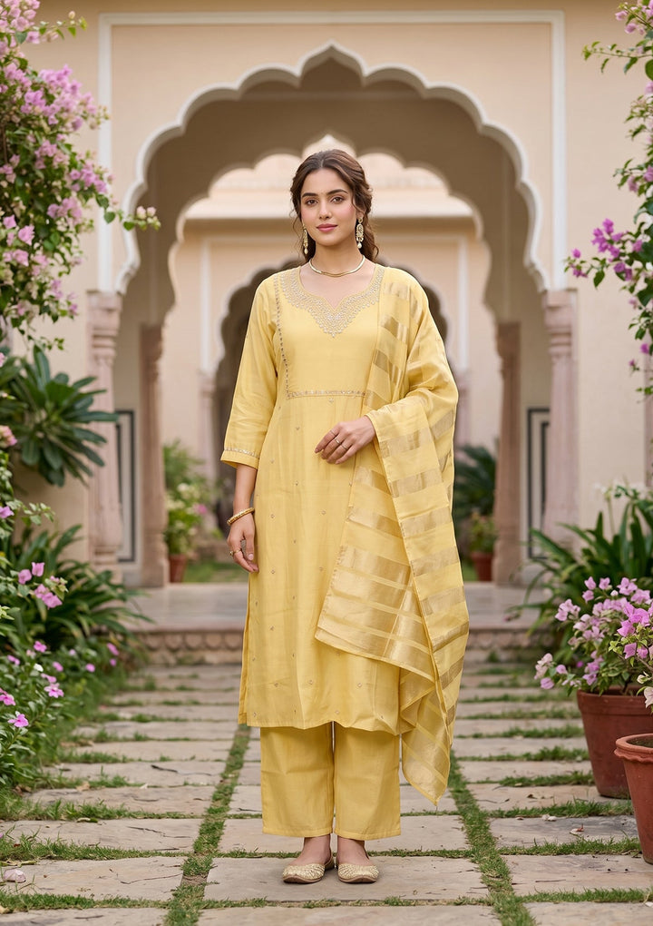 Yellow Cording Art Silk Readymade Salwar Suit
