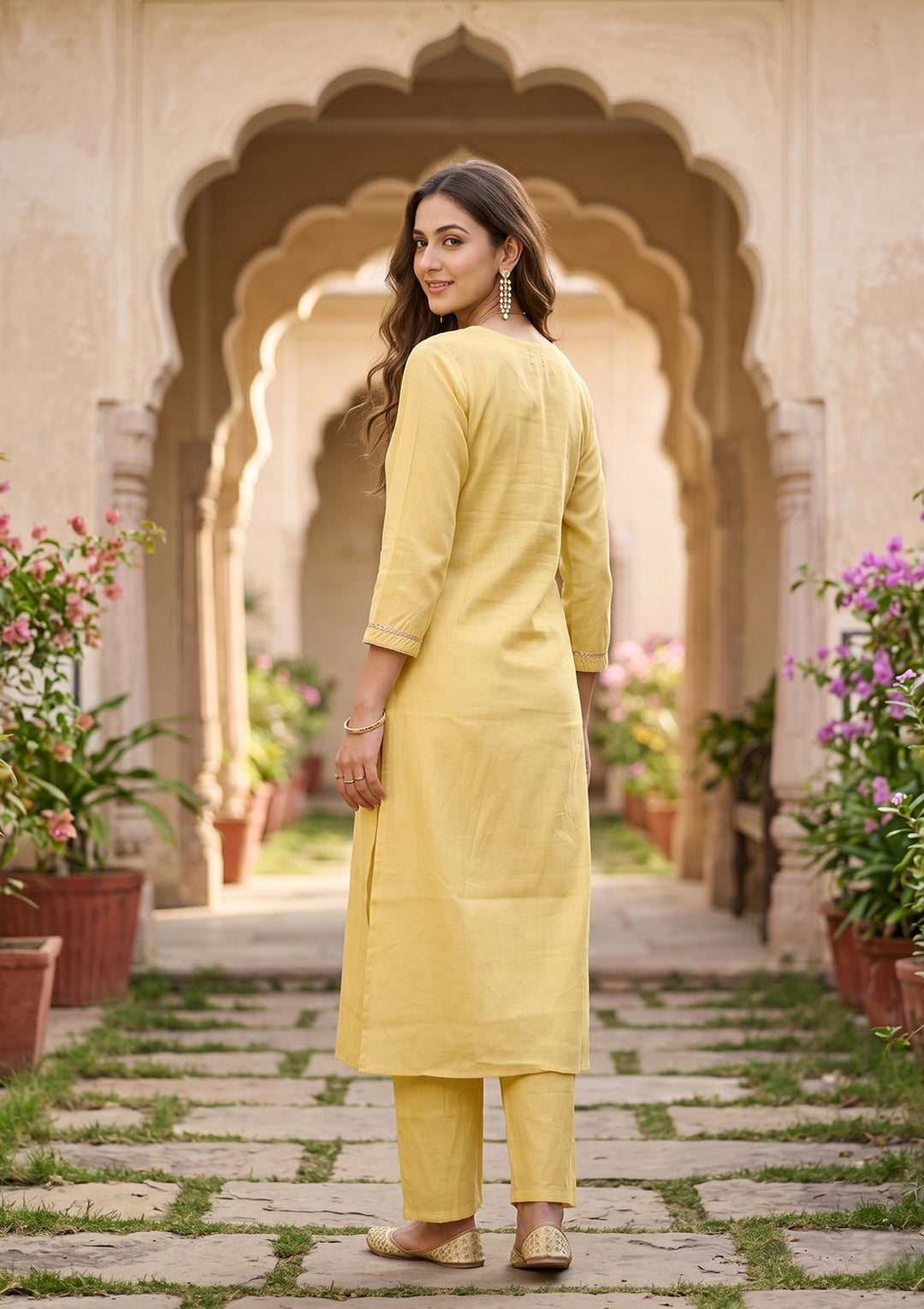 Yellow Cording Art Silk Readymade Salwar Suit