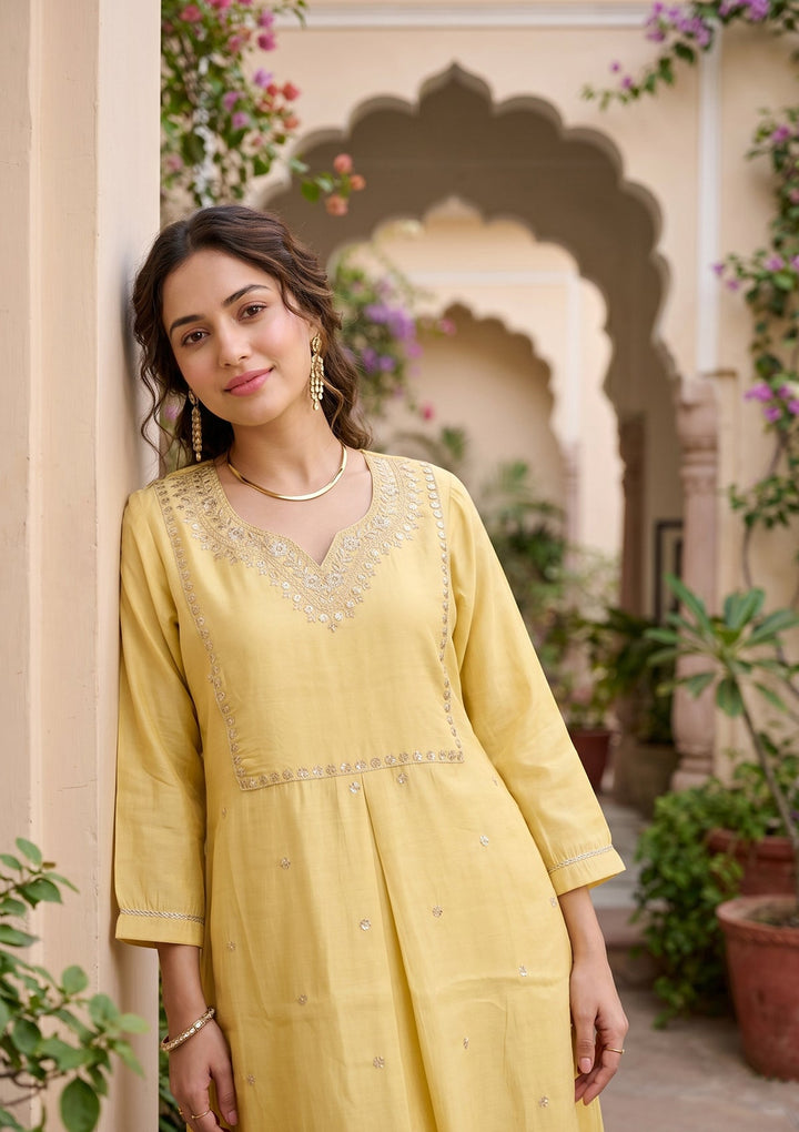 Yellow Cording Art Silk Readymade Salwar Suit