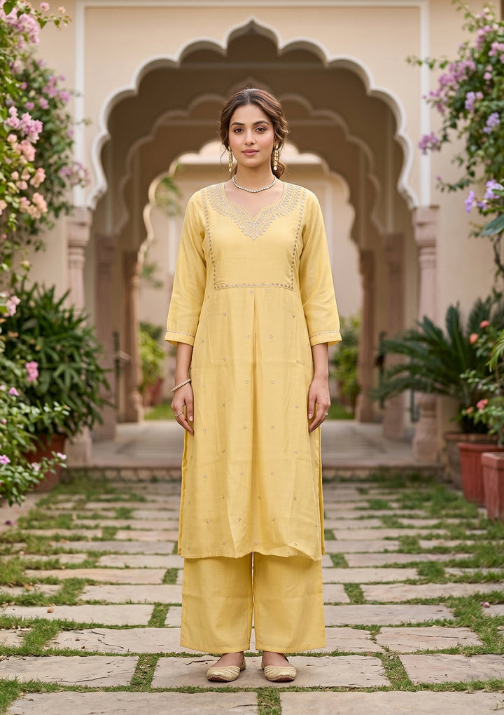 Yellow Cording Art Silk Readymade Salwar Suit