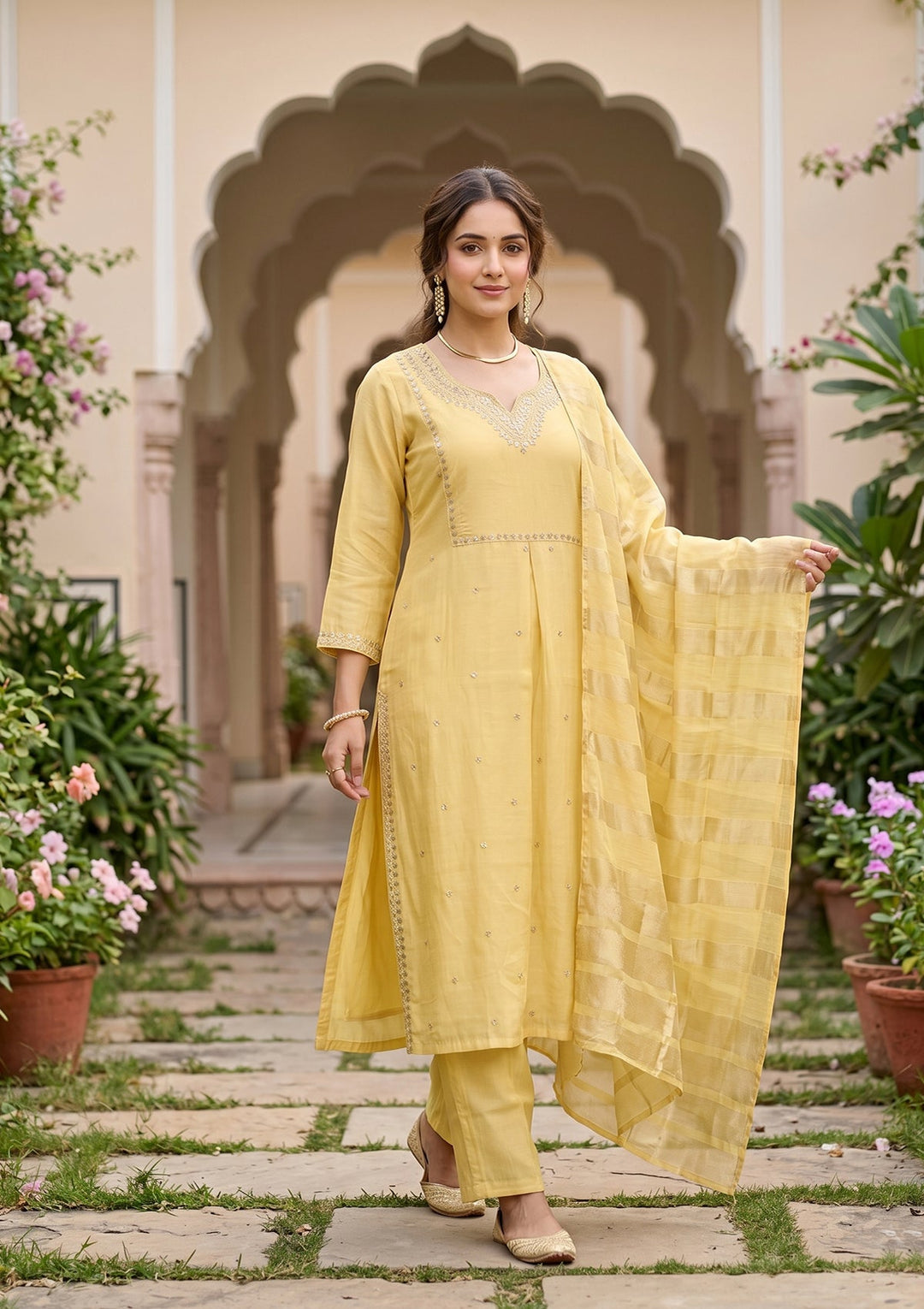 Yellow Cording Art Silk Readymade Salwar Suit