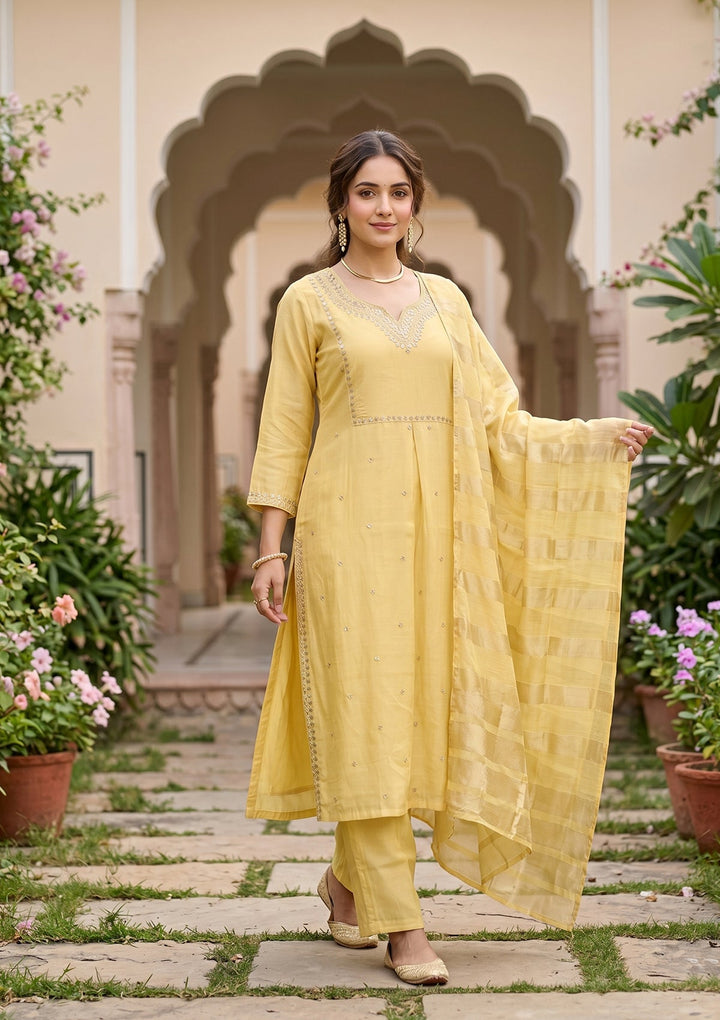 Yellow Cording Art Silk Readymade Salwar Suit