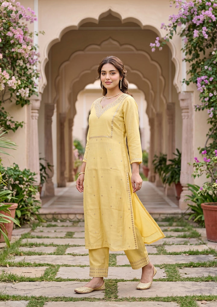 Yellow Cording Art Silk Readymade Salwar Suit