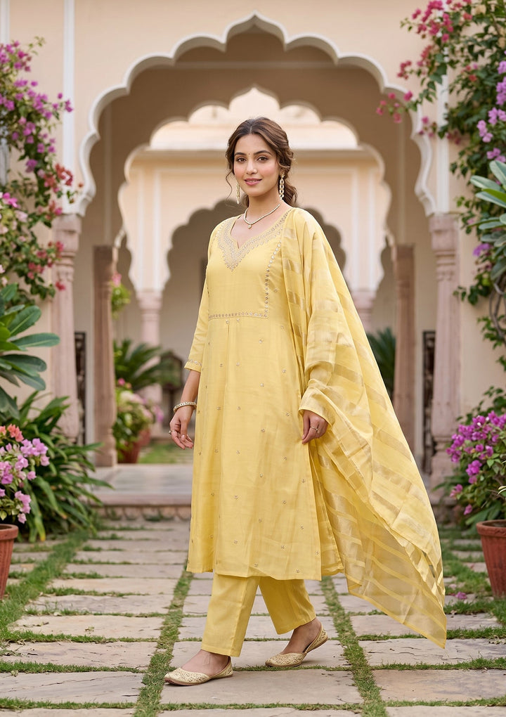 Yellow Cording Art Silk Readymade Salwar Suit