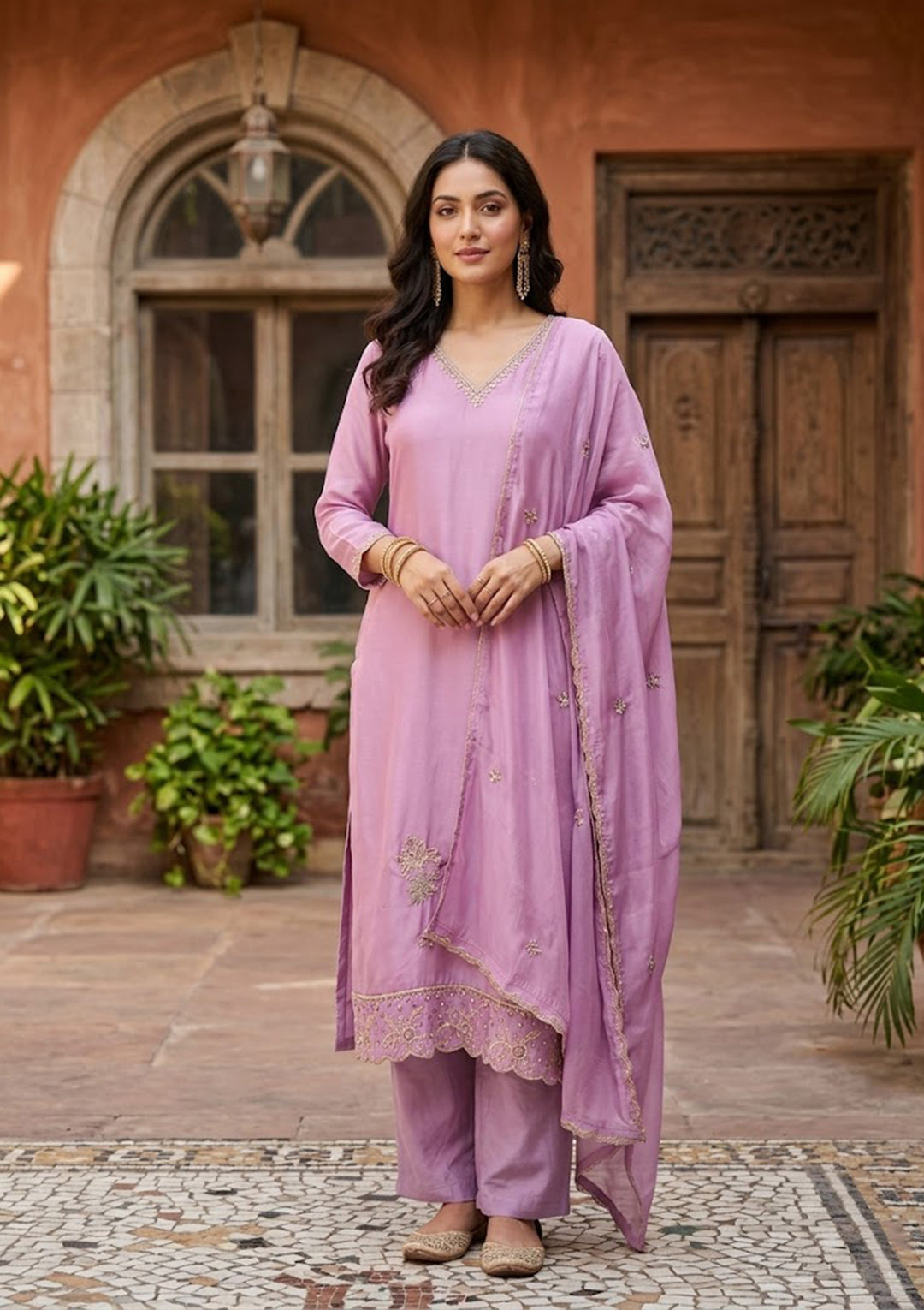 Mauve Semi Crepe Threadwork Straight Kurta With Pant Regular And Dupatta