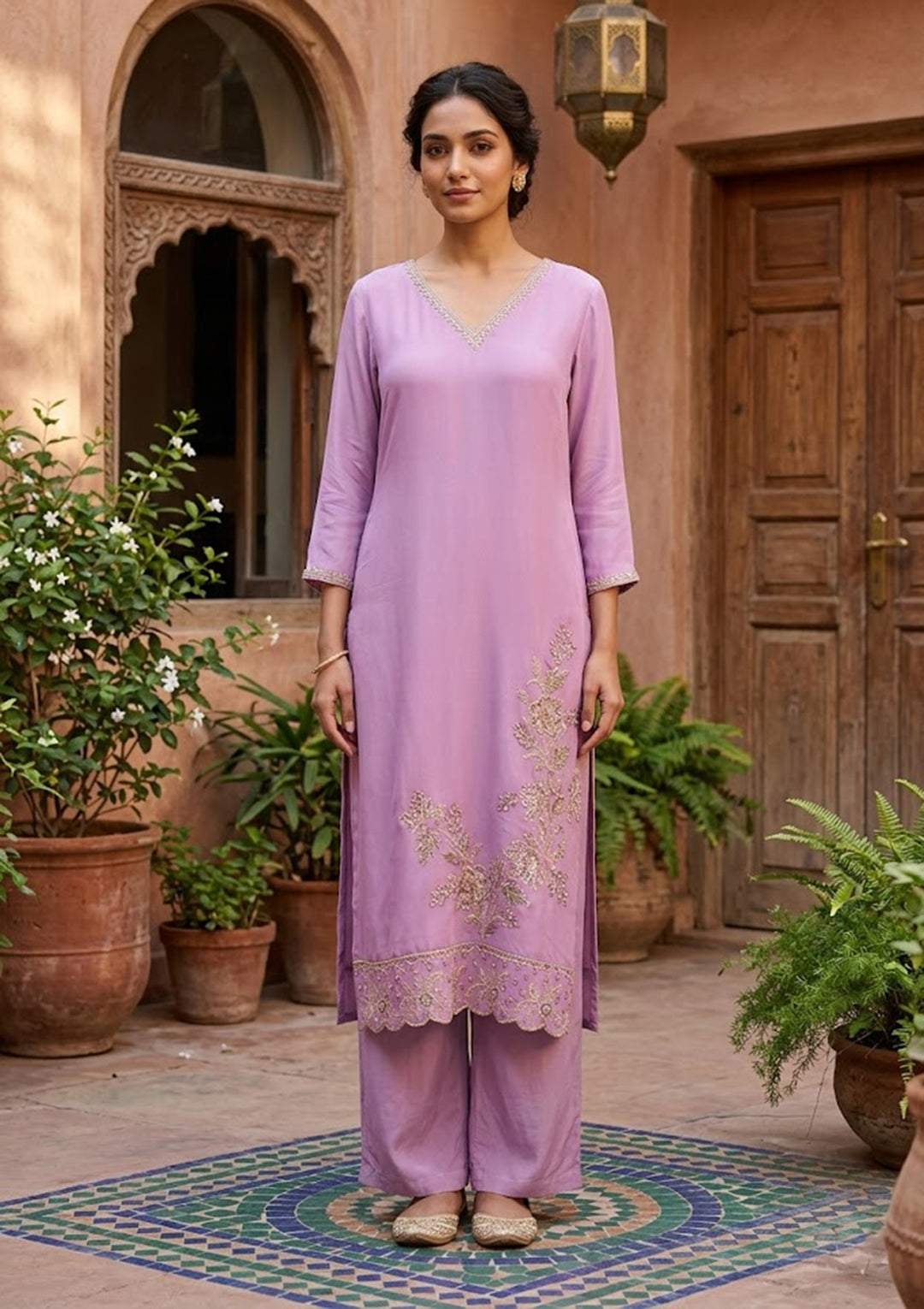 Mauve Semi Crepe Threadwork Straight Kurta With Pant Regular And Dupatta