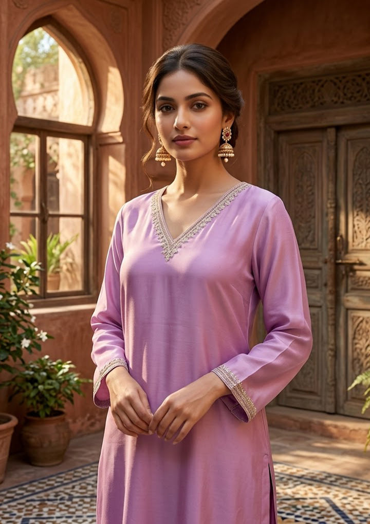 Mauve Semi Crepe Threadwork Straight Kurta With Pant Regular And Dupatta