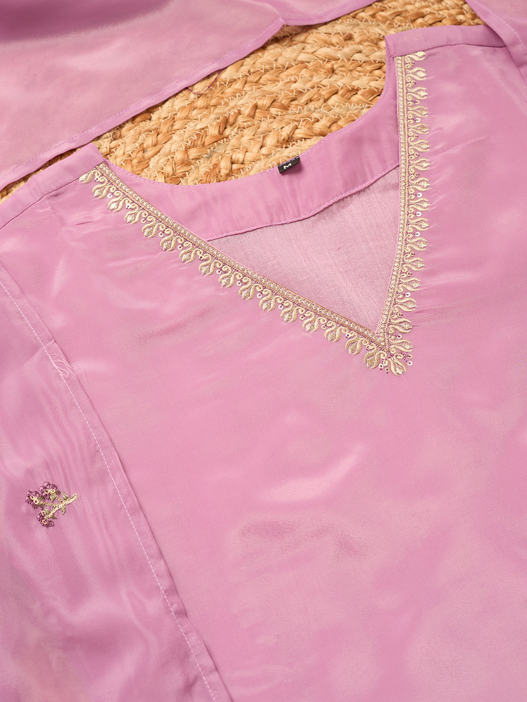 Mauve Semi Crepe Threadwork Straight Kurta With Pant Regular And Dupatta