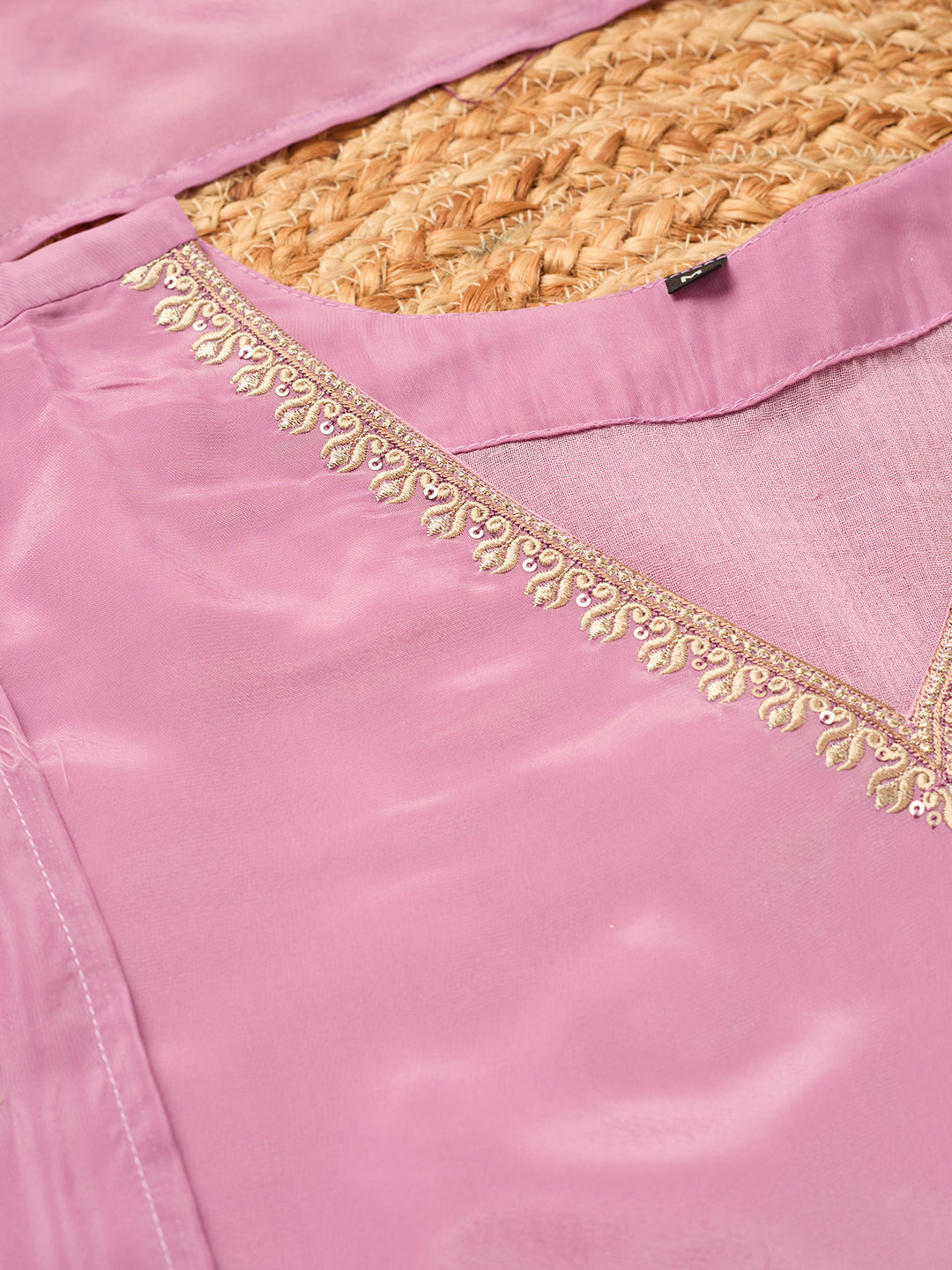 Mauve Semi Crepe Threadwork Straight Kurta With Pant Regular And Dupatta