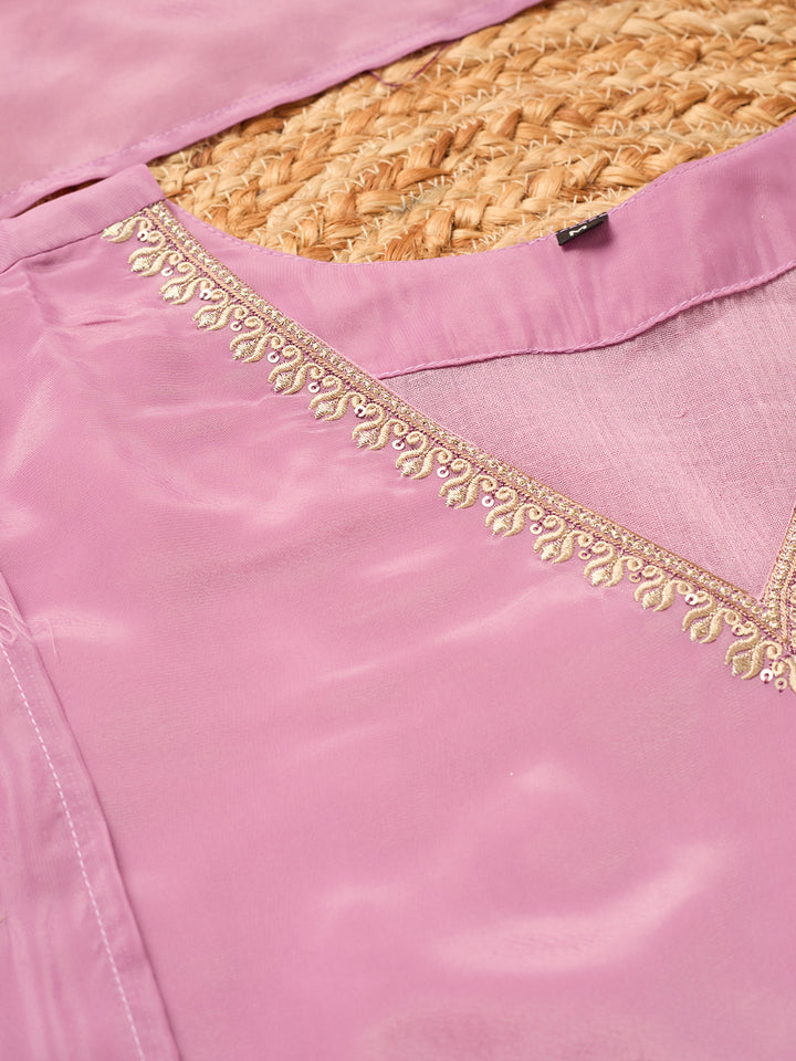 Mauve Semi Crepe Threadwork Straight Kurta With Pant Regular And Dupatta