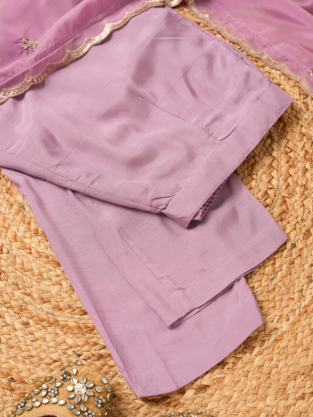 Mauve Semi Crepe Threadwork Straight Kurta With Pant Regular And Dupatta