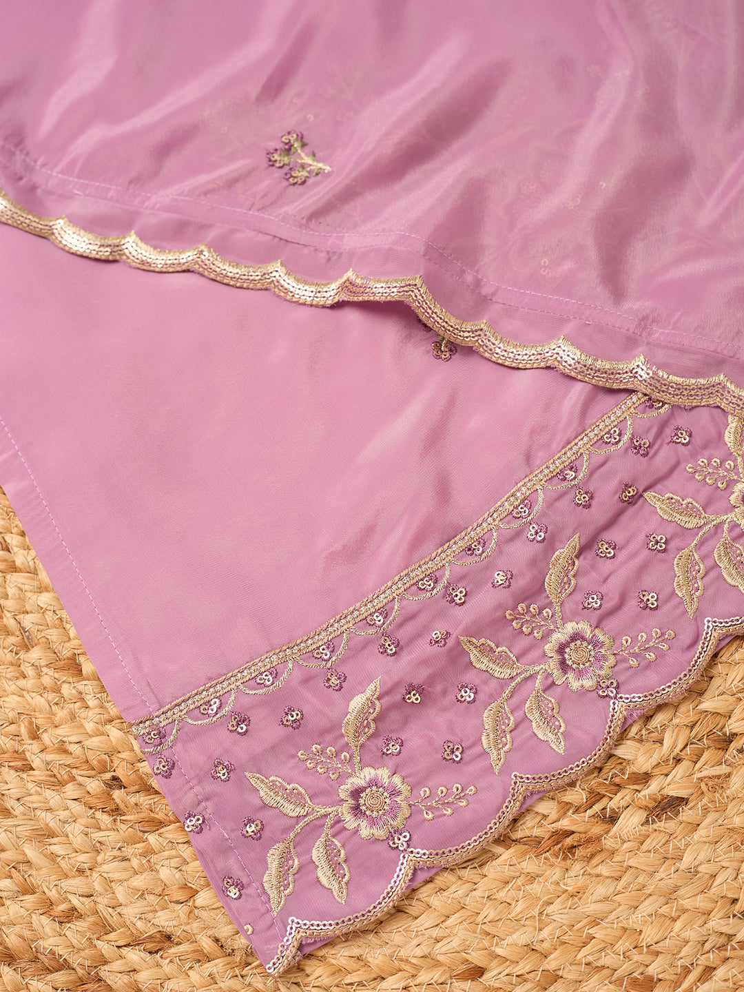 Mauve Semi Crepe Threadwork Straight Kurta With Pant Regular And Dupatta