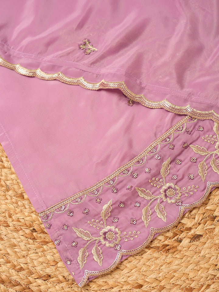 Mauve Semi Crepe Threadwork Straight Kurta With Pant Regular And Dupatta