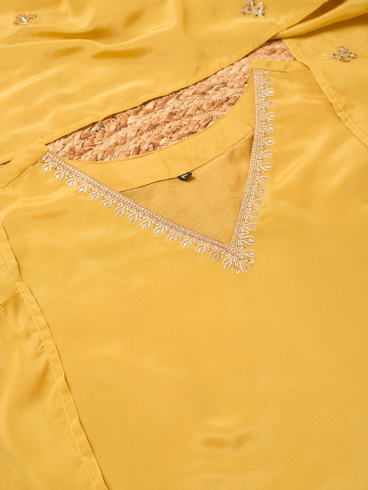 Mustard Semi Crepe Threadwork Straight Kurta With Pant Regular And Dupatta