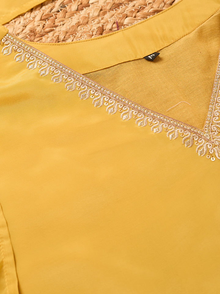 Mustard Semi Crepe Threadwork Straight Kurta With Pant Regular And Dupatta