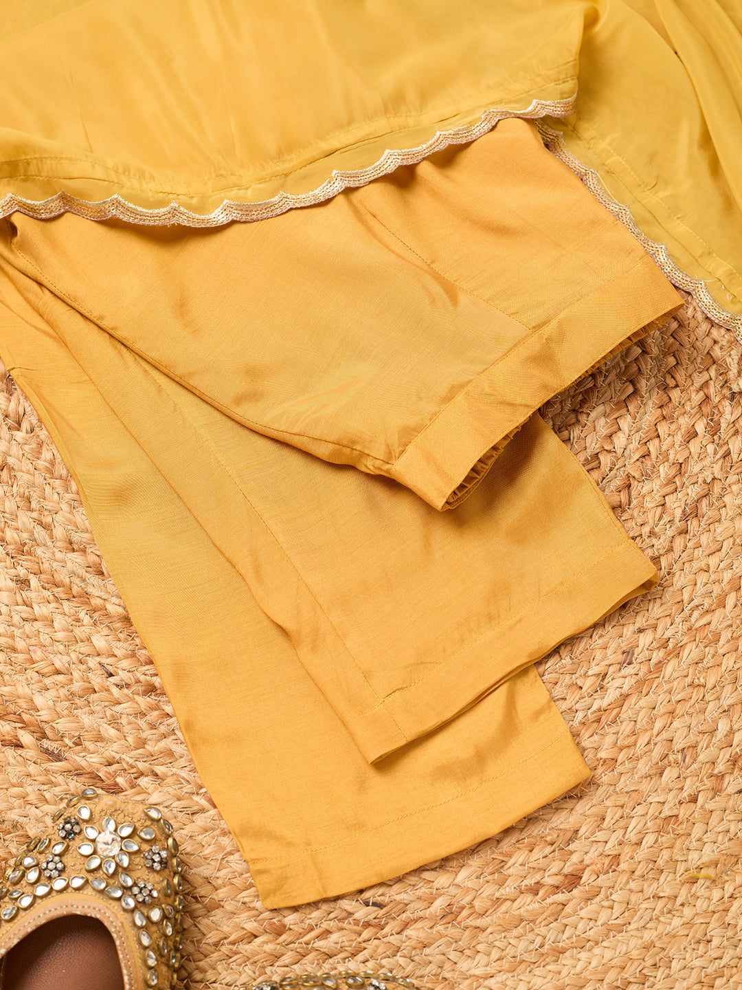 Mustard Semi Crepe Threadwork Straight Kurta With Pant Regular And Dupatta