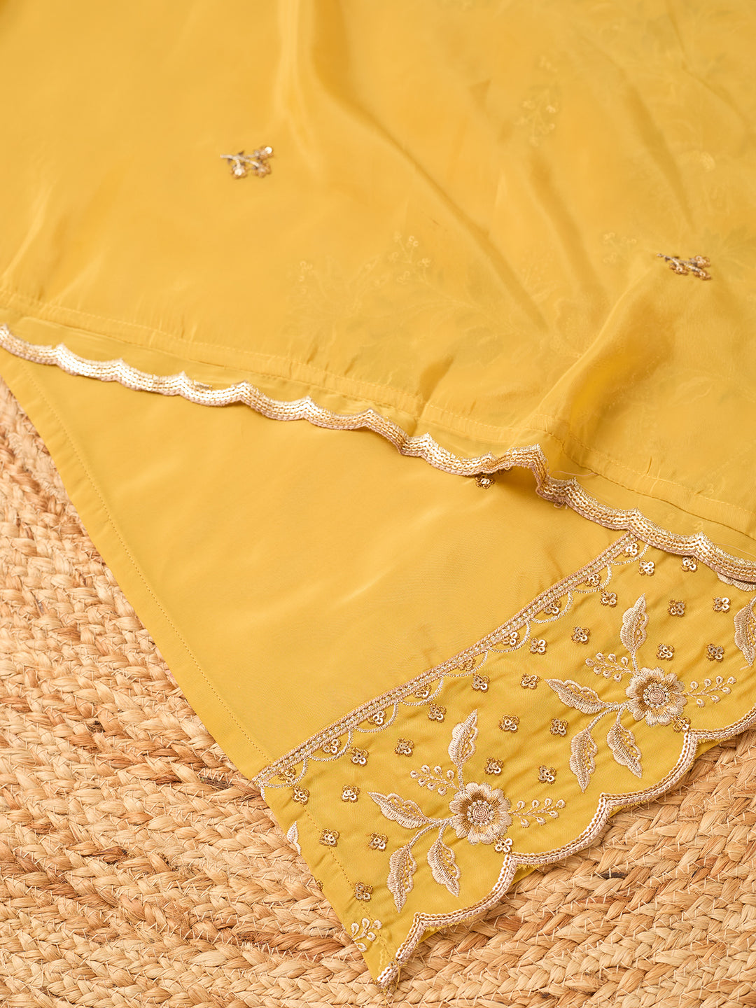 Mustard Semi Crepe Threadwork Straight Kurta With Pant Regular And Dupatta