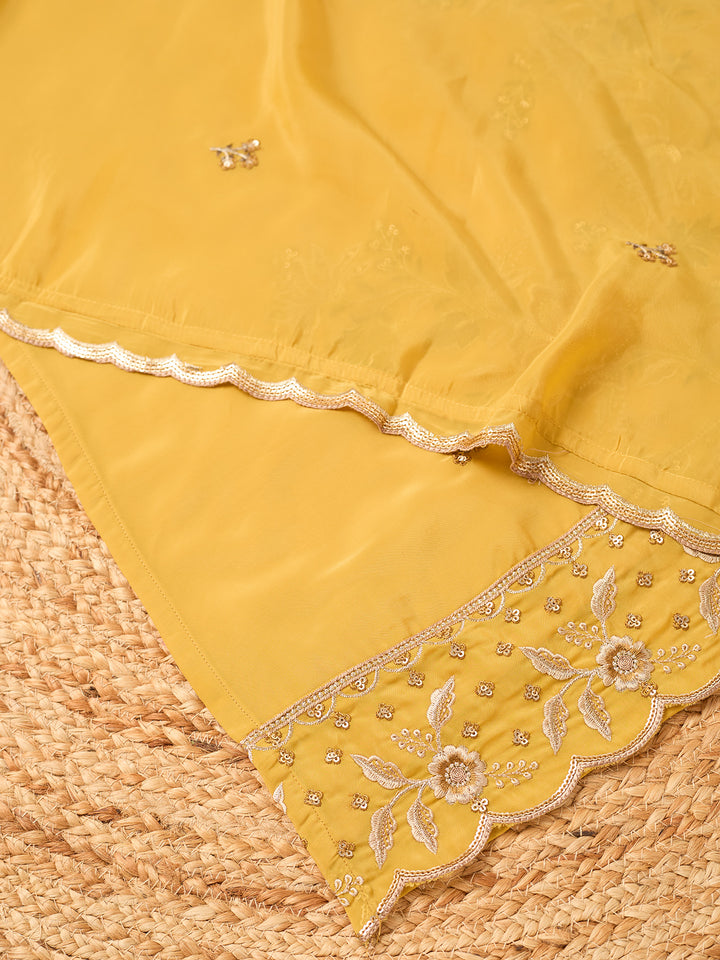 Mustard Semi Crepe Threadwork Straight Kurta With Pant Regular And Dupatta