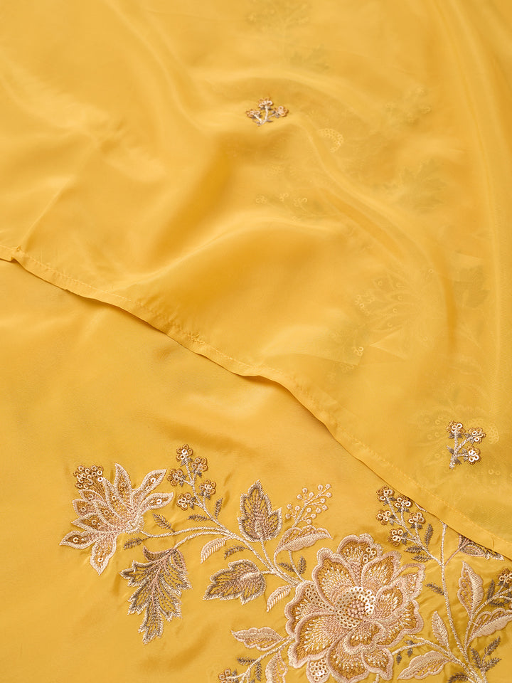 Mustard Semi Crepe Threadwork Straight Kurta With Pant Regular And Dupatta