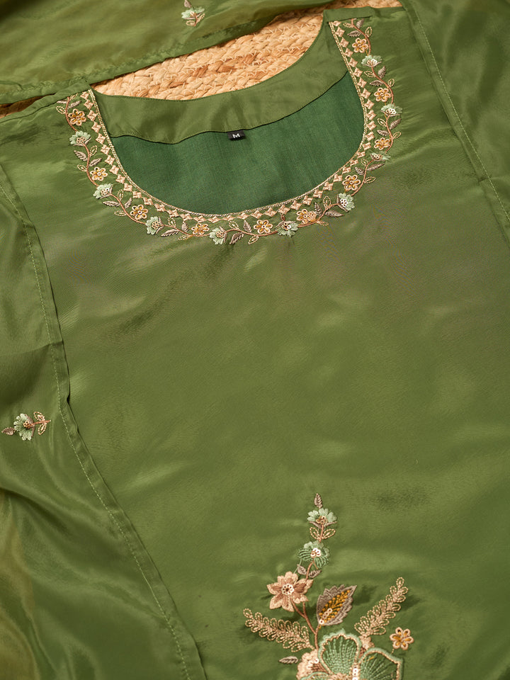Mehendi Semi Crepe Threadwork Straight Kurta With Pant Regular And Dupatta