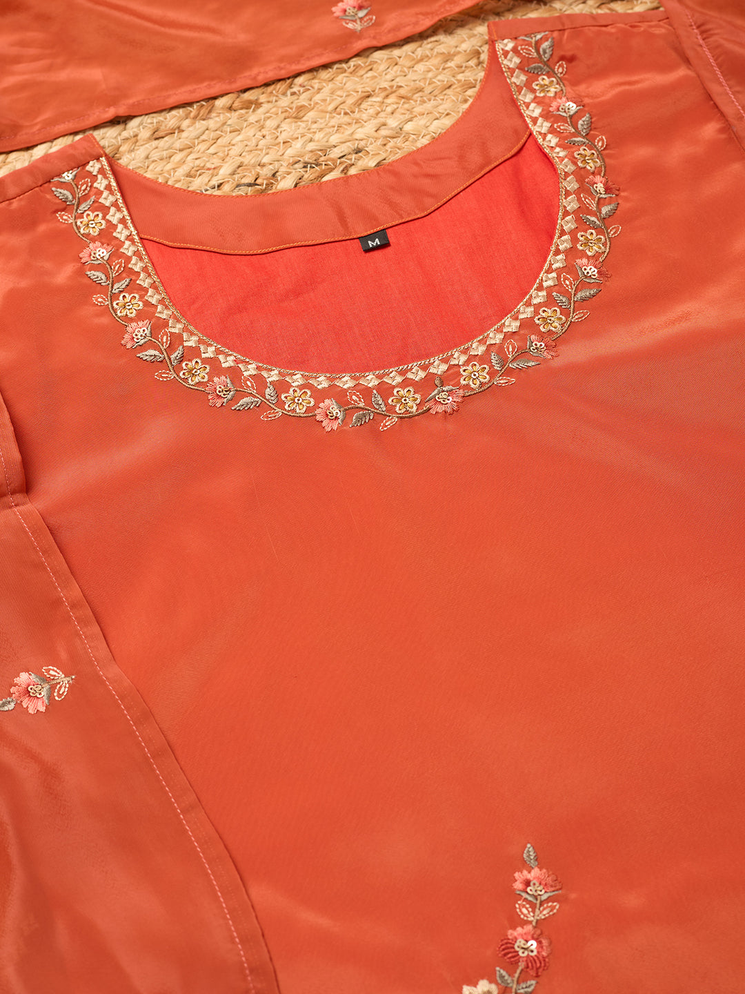 Rust Semi Crepe Threadwork Straight Kurta With Pant Regular And Dupatta