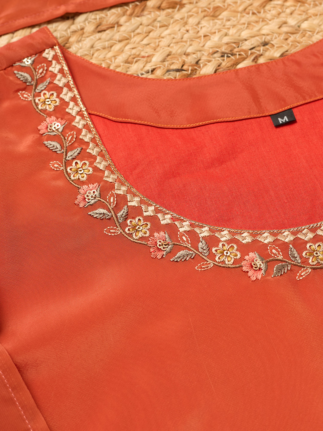 Rust Semi Crepe Threadwork Straight Kurta With Pant Regular And Dupatta
