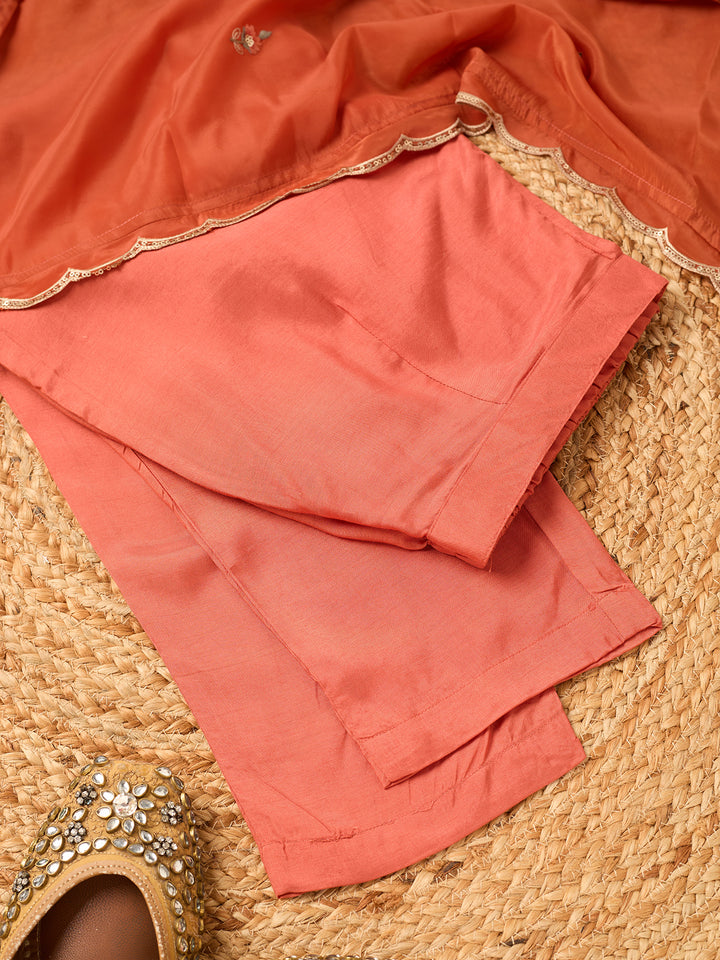 Rust Semi Crepe Threadwork Straight Kurta With Pant Regular And Dupatta