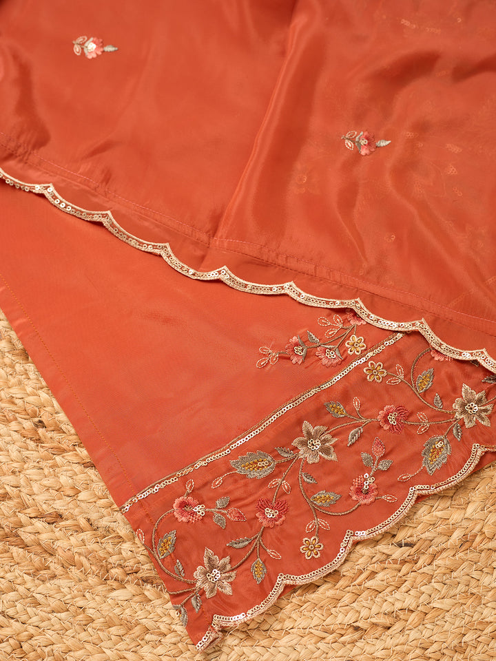 Rust Semi Crepe Threadwork Straight Kurta With Pant Regular And Dupatta