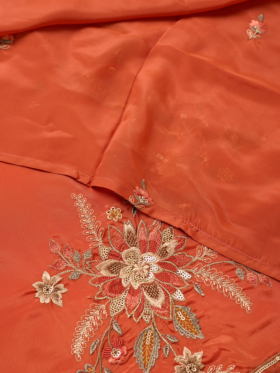 Rust Semi Crepe Threadwork Straight Kurta With Pant Regular And Dupatta