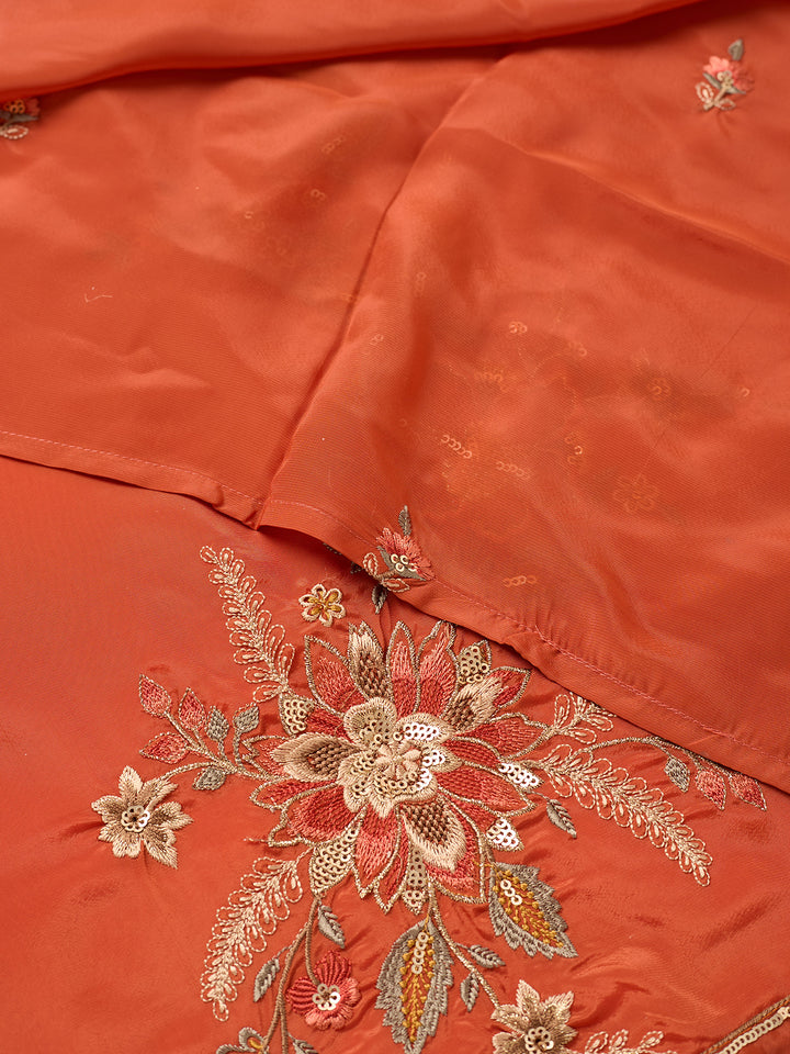 Rust Semi Crepe Threadwork Straight Kurta With Pant Regular And Dupatta
