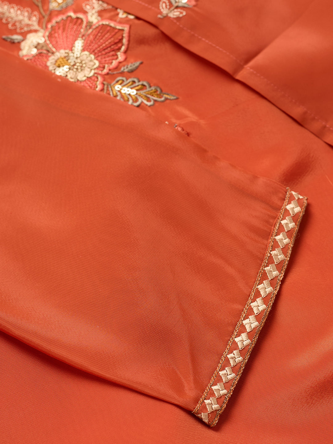 Rust Semi Crepe Threadwork Straight Kurta With Pant Regular And Dupatta