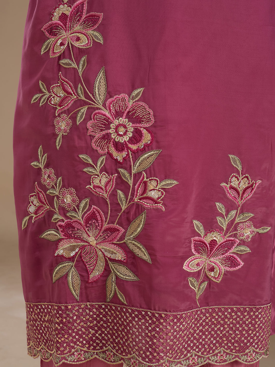 Dark Onion Pink Semi Crepe Threadwork Straight Kurta With Pant Regular And Dupatta