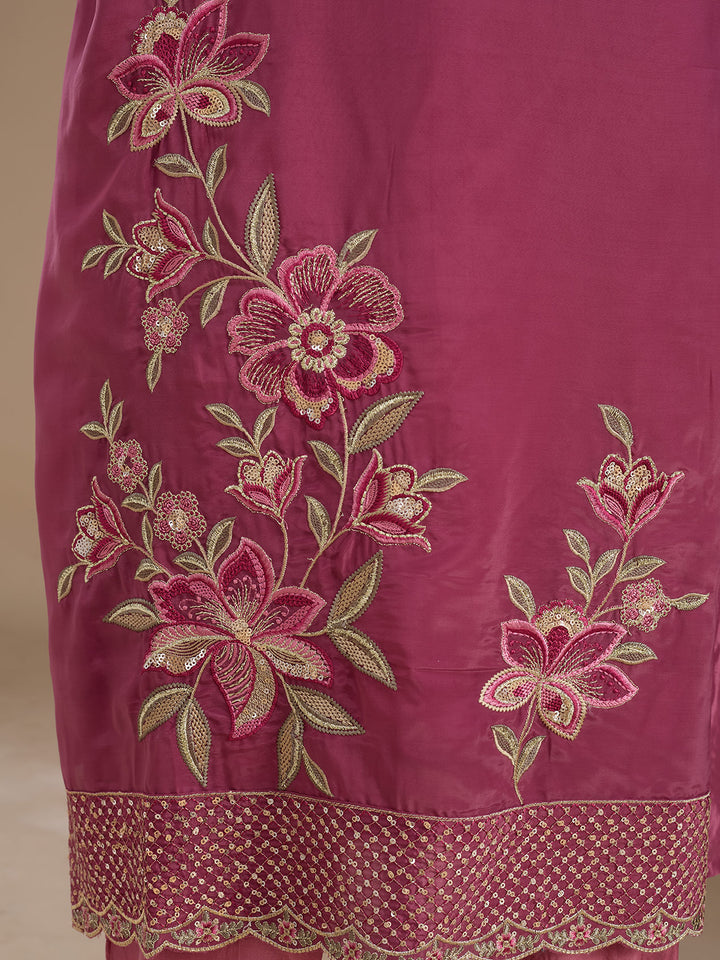 Dark Onion Pink Semi Crepe Threadwork Straight Kurta With Pant Regular And Dupatta