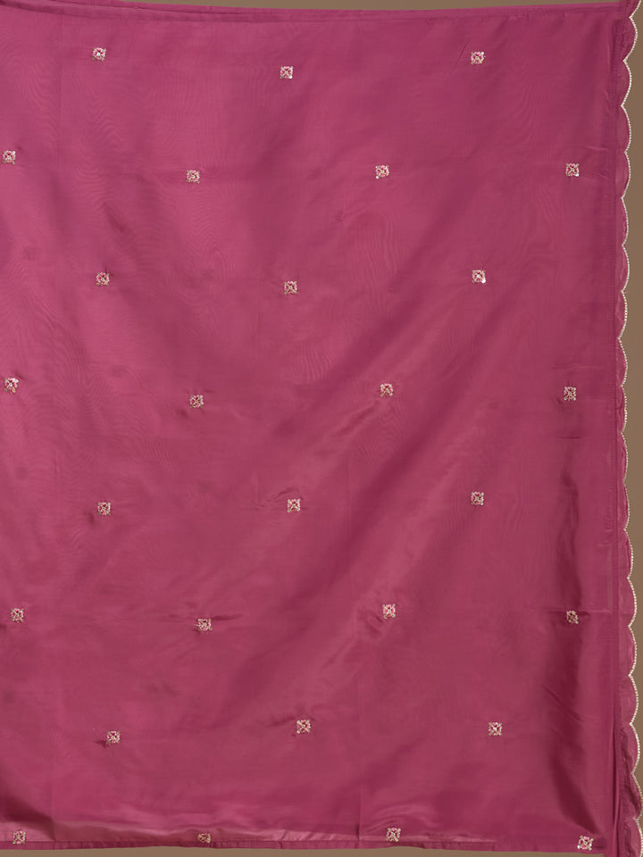 Dark Onion Pink Semi Crepe Threadwork Straight Kurta With Pant Regular And Dupatta