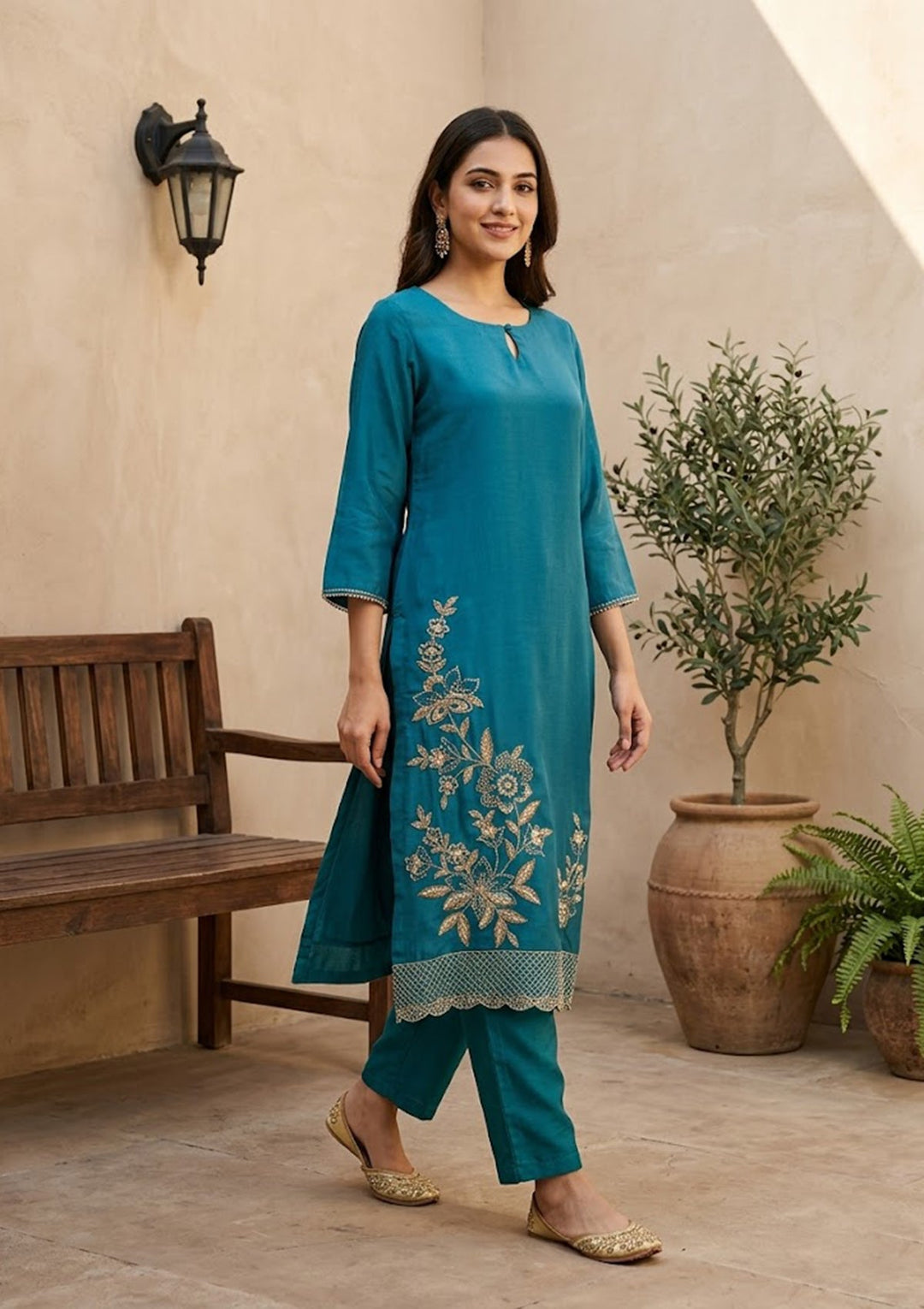 Peacock Blue Semi Crepe Threadwork Straight Kurta With Pant Regular And Dupatta