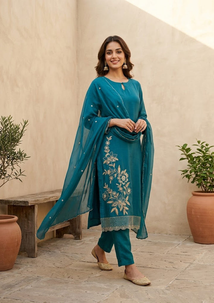 Peacock Blue Semi Crepe Threadwork Straight Kurta With Pant Regular And Dupatta