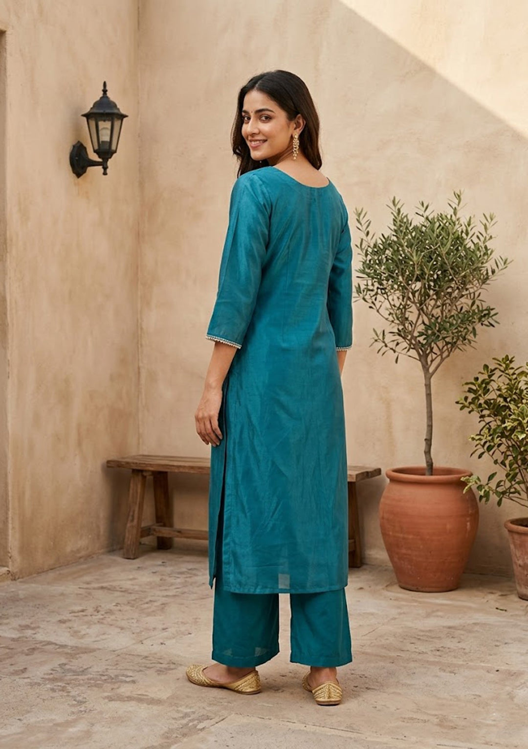 Peacock Blue Semi Crepe Threadwork Straight Kurta With Pant Regular And Dupatta