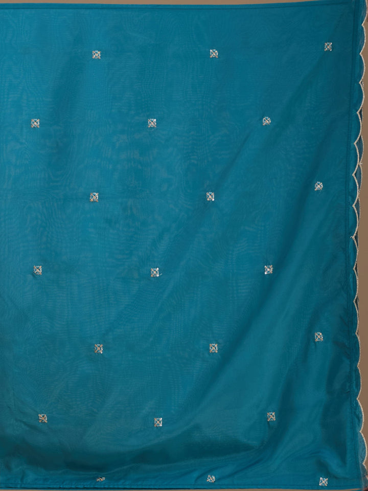 Peacock Blue Semi Crepe Threadwork Straight Kurta With Pant Regular And Dupatta
