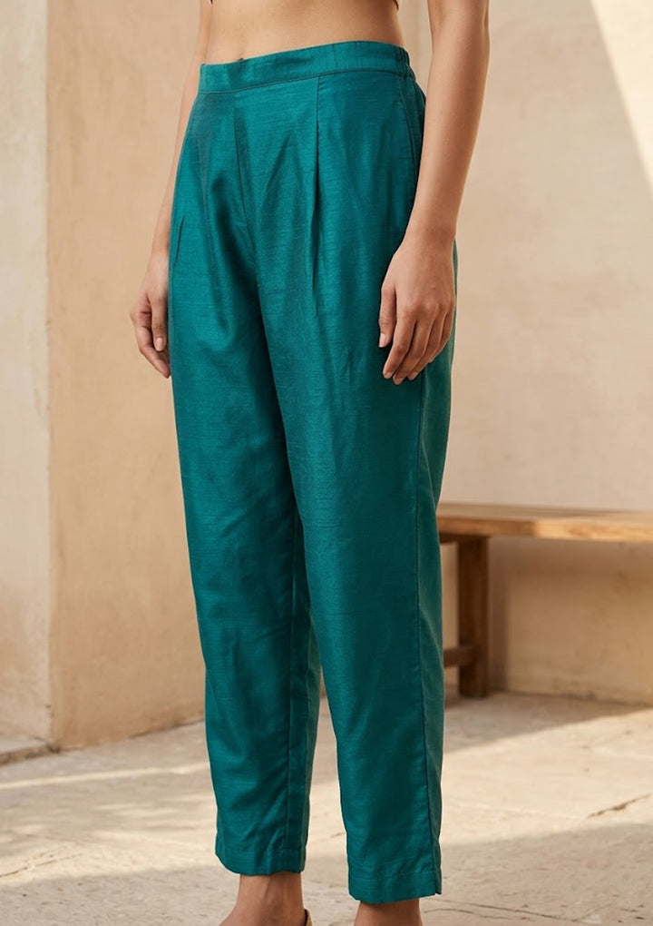 Peacock Blue Semi Crepe Threadwork Straight Kurta With Pant Regular And Dupatta