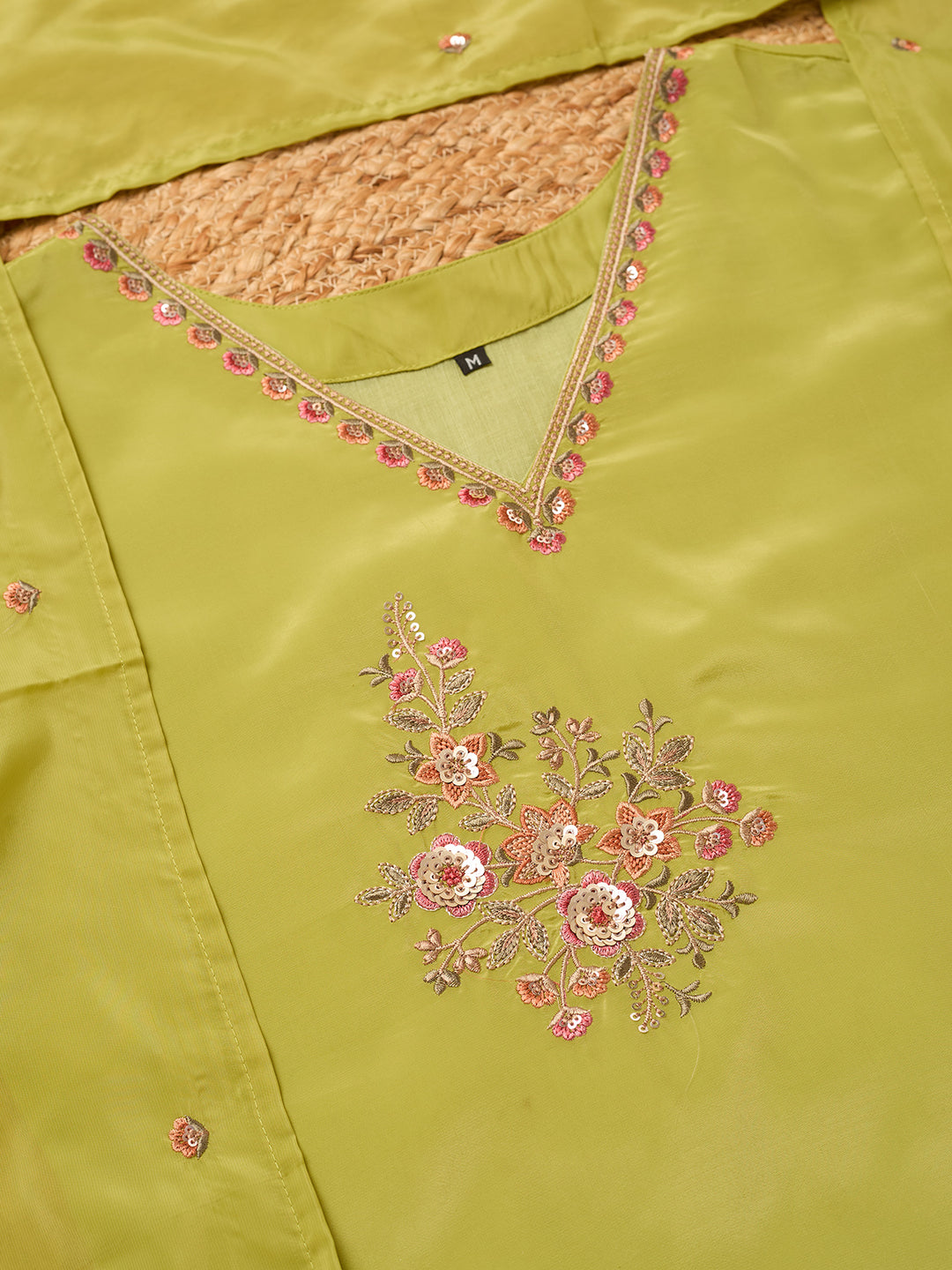 Leaf Green Semi Crepe Threadwork Straight Kurta With Pant Regular And Dupatta