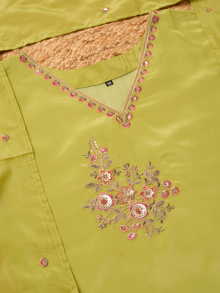 Leaf Green Semi Crepe Threadwork Straight Kurta With Pant Regular And Dupatta