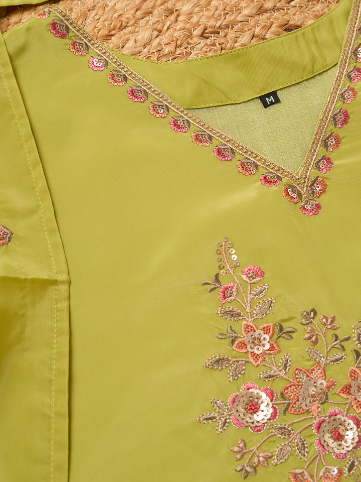 Leaf Green Semi Crepe Threadwork Straight Kurta With Pant Regular And Dupatta