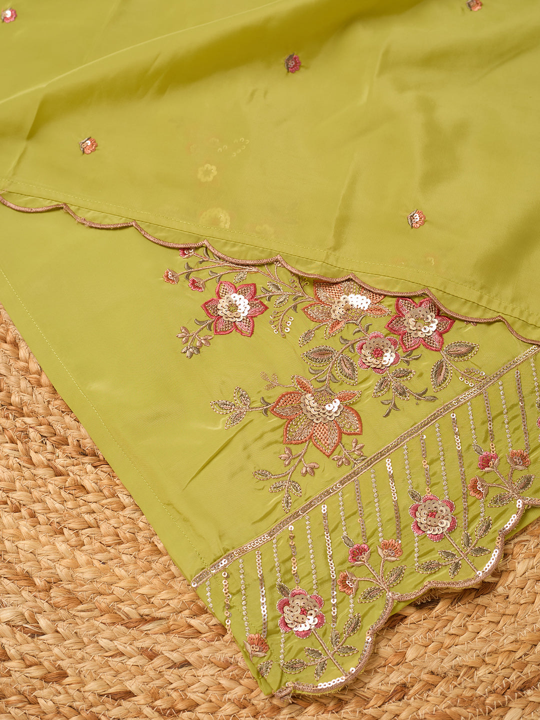 Leaf Green Semi Crepe Threadwork Straight Kurta With Pant Regular And Dupatta