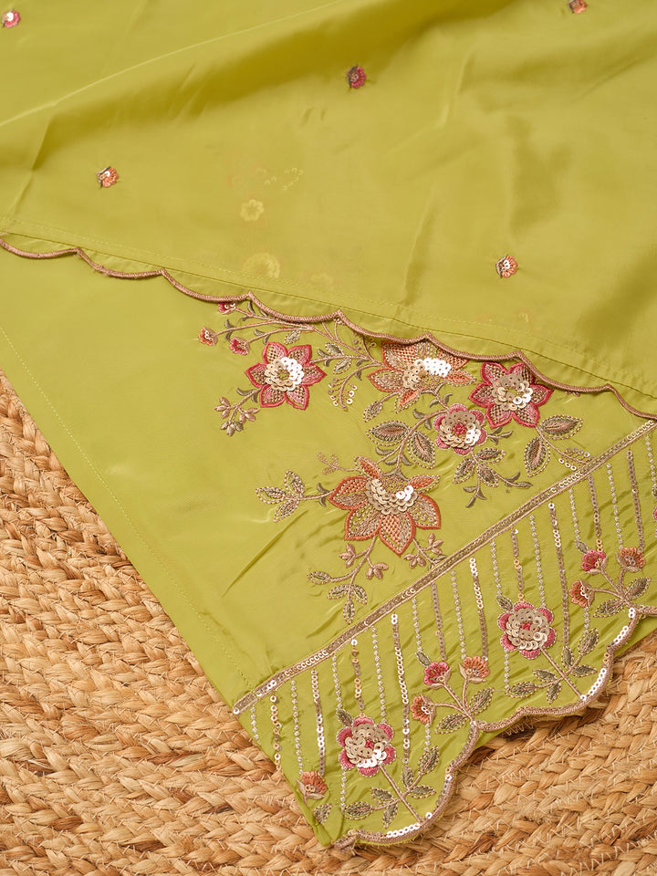 Leaf Green Semi Crepe Threadwork Straight Kurta With Pant Regular And Dupatta