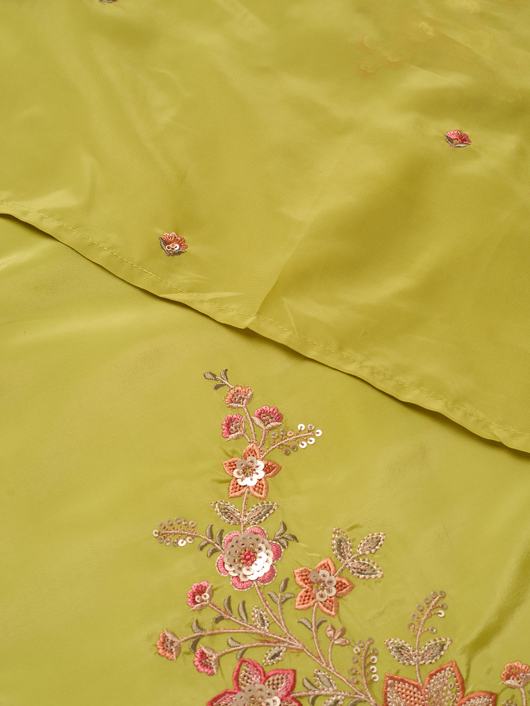 Leaf Green Semi Crepe Threadwork Straight Kurta With Pant Regular And Dupatta